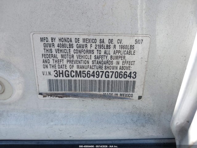 Auction sale of the 2007 Honda Accord 2.4 Lx, vin: 3HGCM56497G706643, lot number: 45084490