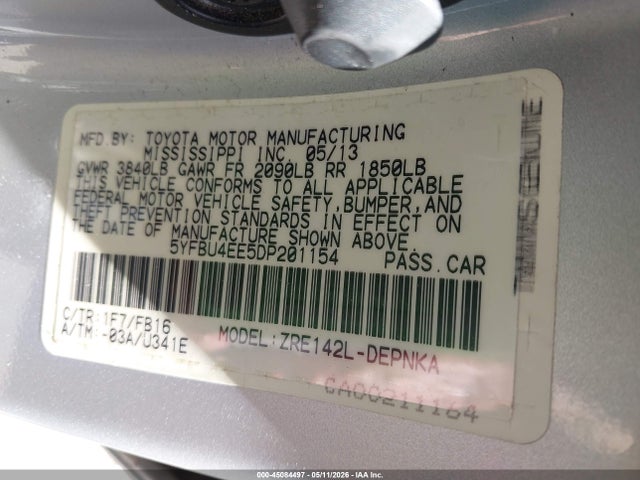 45084497 :رقم المزاد ، 5YFBU4EE5DP201154 vin ، 2013 Toyota Corolla Le مزاد بيع