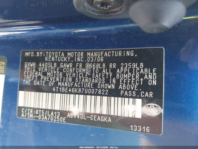 2007 Toyota Camry Xle მანქანა იყიდება აუქციონზე, vin: 4T1BE46K87U007822, აუქციონის ნომერი: 45084501