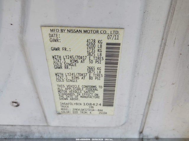 Продажа на аукционе авто 2012 Nissan Nv 2500 Nv2500 Hd S V8, vin: 1N6AF0LY8CN108424, номер лота: 45084506