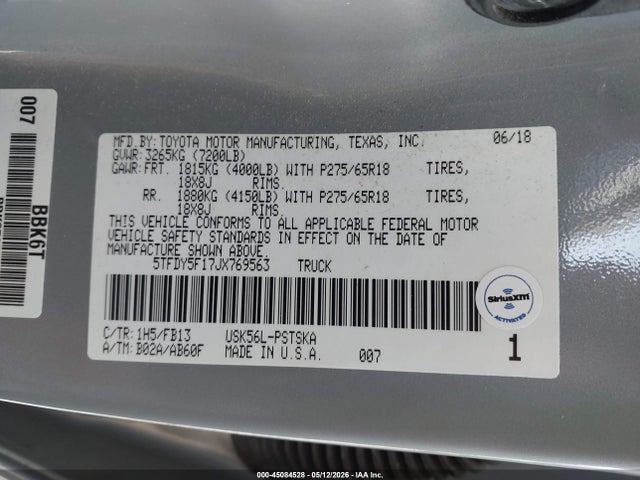 5TFDY5F17JX769563 Toyota Tundra Sr5 5.7l V8