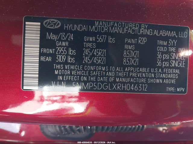 Auction sale of the 2024 Hyundai Santa Fe Calligraphy, vin: 5NMP5DGLXRH046312, lot number: 45084535