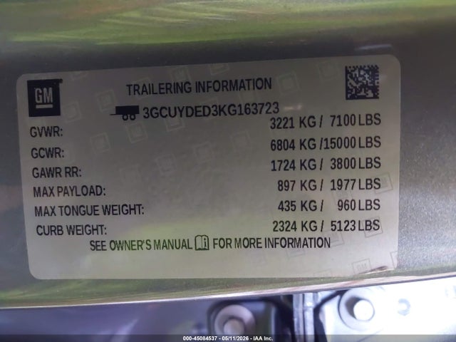 45084537 :رقم المزاد ، 3GCUYDED3KG163723 vin ، 2019 Chevrolet Silverado 1500 Lt مزاد بيع