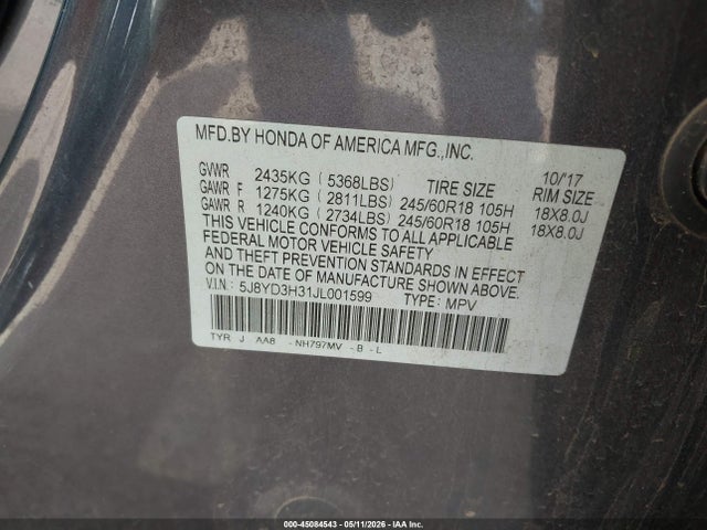Aukcja sprzedaży 2018 Acura Mdx, vin: 5J8YD3H31JL001599, numer aukcji: 45084543