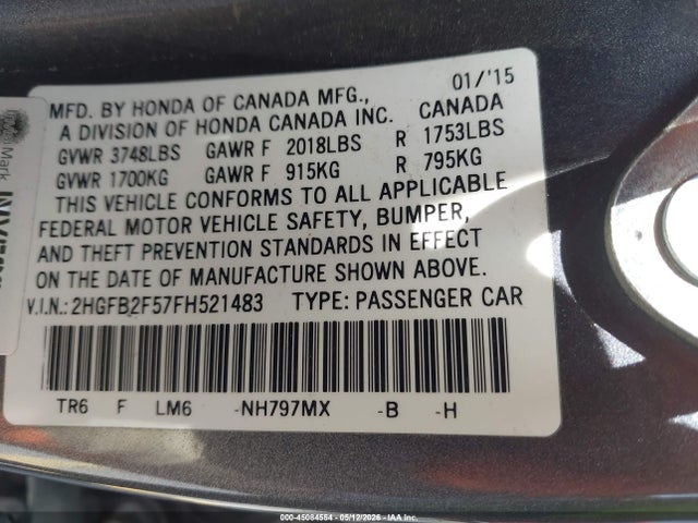 45084554 :رقم المزاد ، 2HGFB2F57FH521483 vin ، 2015 Honda Civic Lx مزاد بيع