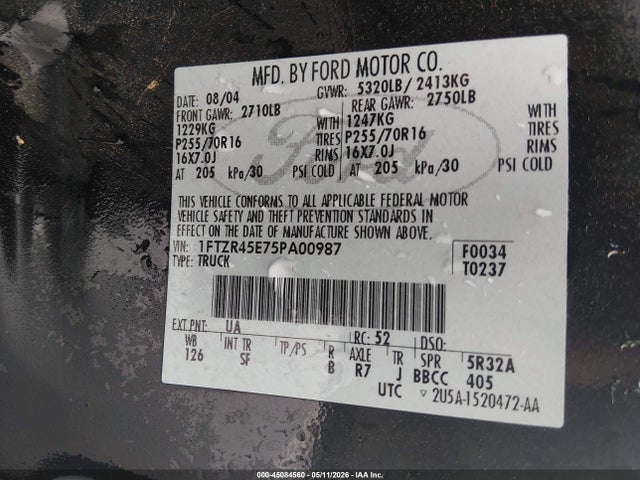 45084560 :رقم المزاد ، 1FTZR45E75PA00987 vin ، 2005 Ford Ranger Edge/fx4 Level Ii/fx4 Off-road/xlt مزاد بيع