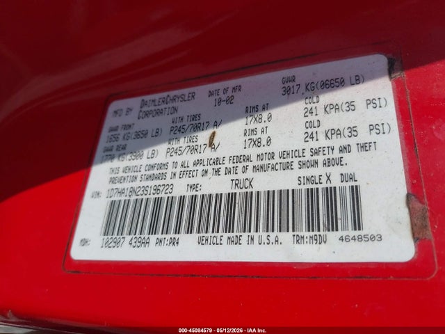 Продажа на аукционе авто 2003 Dodge Ram 1500 Slt/laramie/st, vin: 1D7HA18N23S196723, номер лота: 45084579