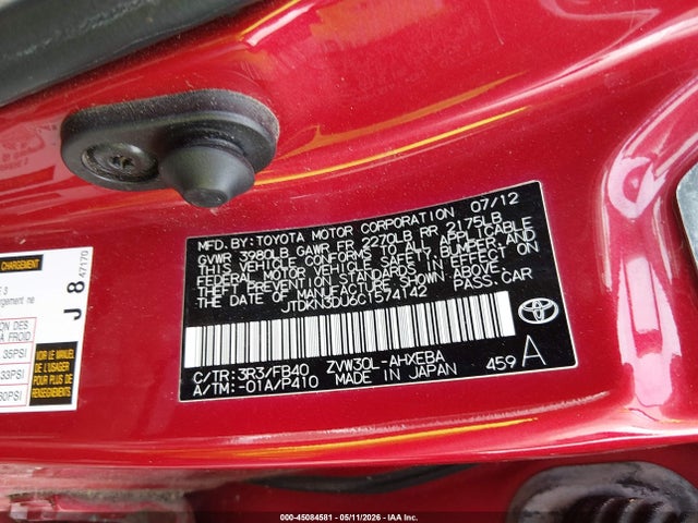 Aukcja sprzedaży 2012 Toyota Prius Two, vin: JTDKN3DU6C1574142, numer aukcji: 45084581