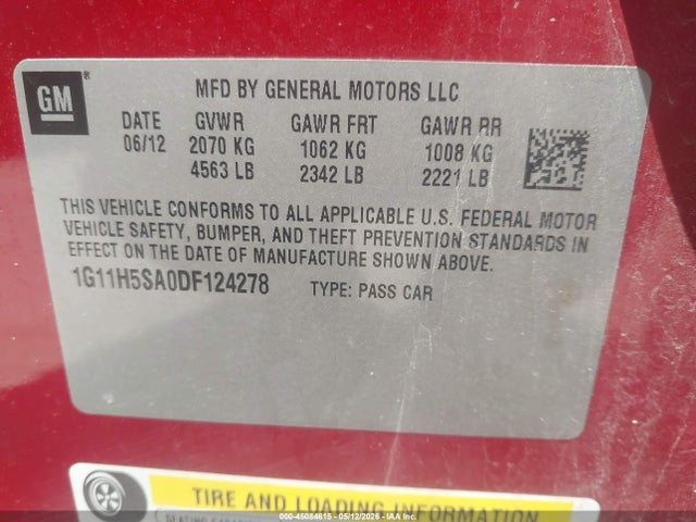 2013 Chevrolet Malibu 1lz მანქანა იყიდება აუქციონზე, vin: 1G11H5SA0DF124278, აუქციონის ნომერი: 45084615