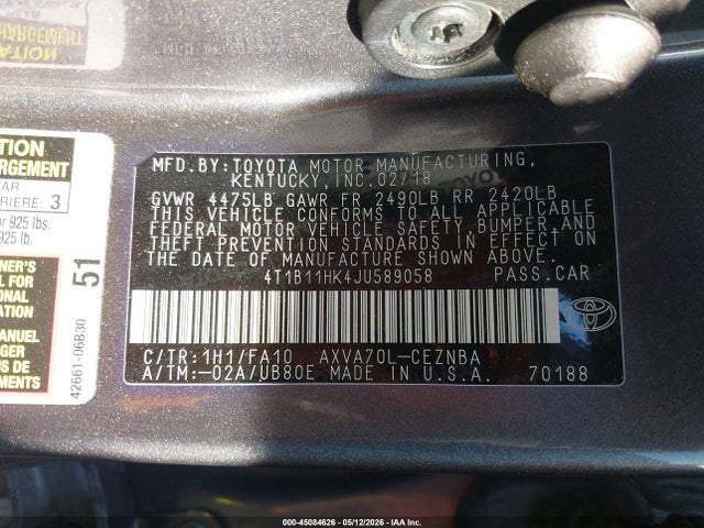 Aukcja sprzedaży 2018 Toyota Camry Le, vin: 4T1B11HK4JU589058, numer aukcji: 45084626
