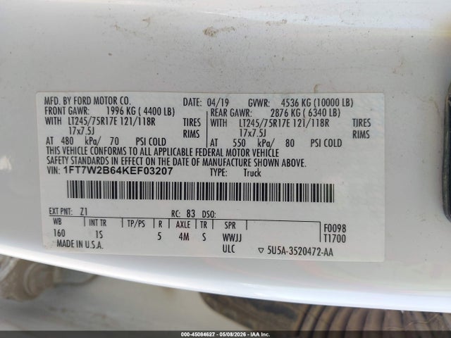 45084627 :رقم المزاد ، 1FT7W2B64KEF03207 vin ، 2019 Ford F-250 Xl مزاد بيع