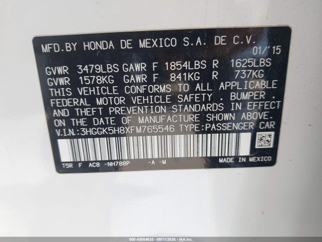 Aukcja sprzedaży 2015 Honda Fit Ex/ex-l, vin: 3HGGK5H8XFM765546, numer aukcji: 45084635