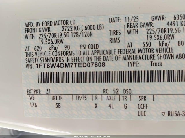 2026 Ford F-450 Lariat მანქანა იყიდება აუქციონზე, vin: 1FT8W4DM7TED07808, აუქციონის ნომერი: 45084637