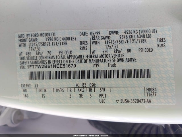 Aukcja sprzedaży 2022 Ford F-250 Xl, vin: 1FT7W2B61NEE51670, numer aukcji: 45084644