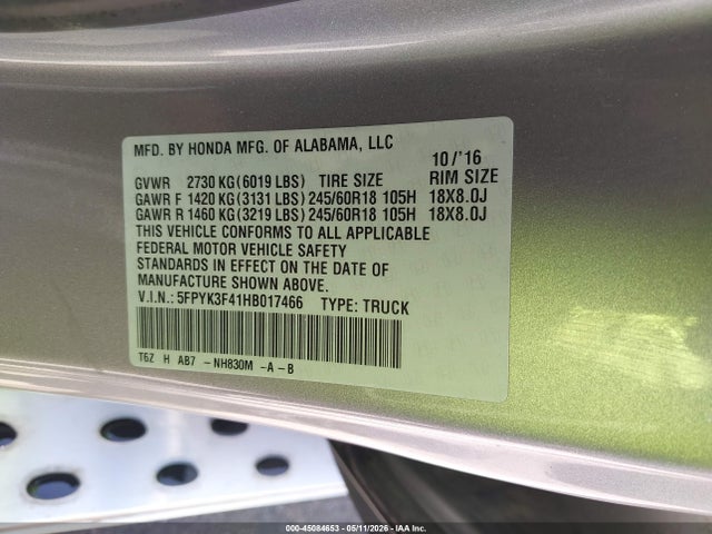 5FPYK3F41HB017466 Honda Ridgeline Rts