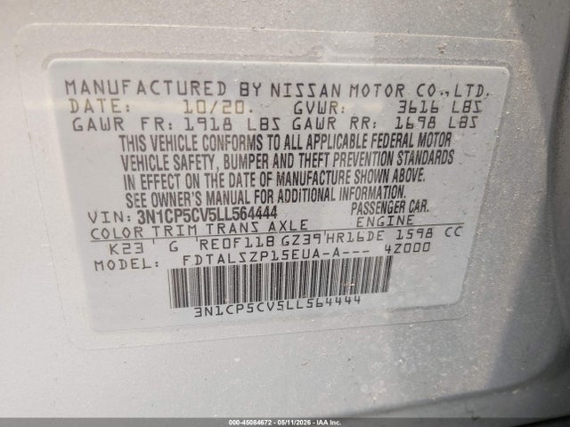 2020 Nissan Kicks Sv Xtronic Cvt მანქანა იყიდება აუქციონზე, vin: 3N1CP5CV5LL564444, აუქციონის ნომერი: 45084672