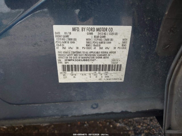 45084675 :رقم المزاد ، 2FMPK3G93JBB51327 vin ، 2018 Ford Edge Se مزاد بيع