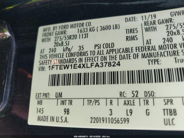Aukcja sprzedaży 2020 Ford F-150 Platinum, vin: 1FTEW1E4XLFA37824, numer aukcji: 45084674