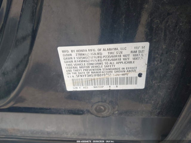 2015 Honda Pilot Ex-l მანქანა იყიდება აუქციონზე, vin: 5FNYF3H51FB019153, აუქციონის ნომერი: 45084676