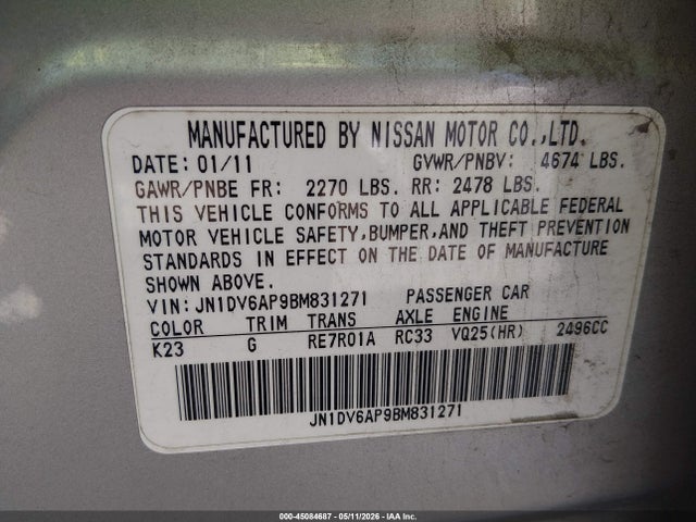 Продаж на аукціоні авто 2011 Infiniti G25 Journey, vin: JN1DV6AP9BM831271, номер лоту: 45084687