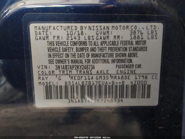 45084700 :رقم المزاد ، 3N1AB7AP2KY248734 vin ، 2019 Nissan Sentra S مزاد بيع