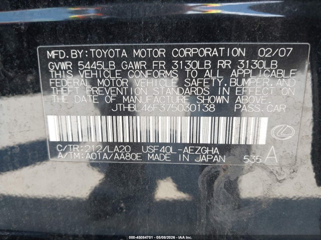 45084701 :رقم المزاد ، JTHBL46F375030138 vin ، 2007 Lexus Ls 460 مزاد بيع