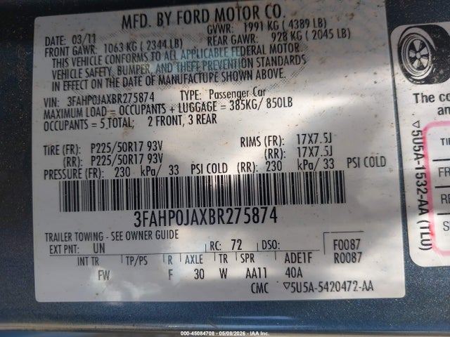 Продаж на аукціоні авто 2011 Ford Fusion Sel, vin: 3FAHP0JAXBR275874, номер лоту: 45084708