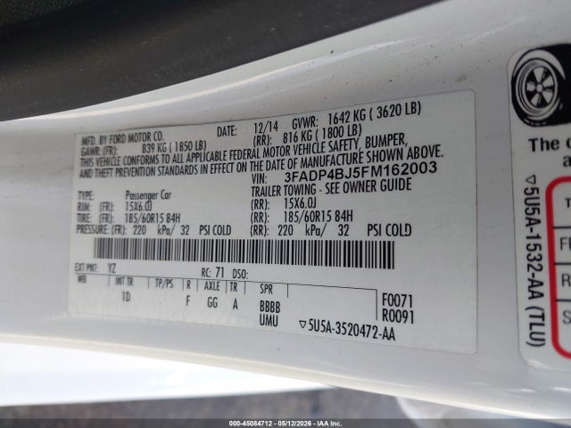 2015 Ford Fiesta Se მანქანა იყიდება აუქციონზე, vin: 3FADP4BJ5FM162003, აუქციონის ნომერი: 45084712