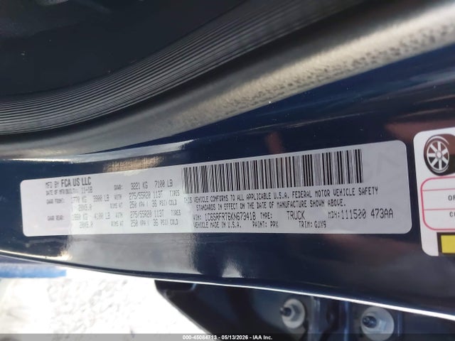 Aukcja sprzedaży 2019 Ram 1500 Laramie  4x4 6'4 Box, vin: 1C6SRFRT6KN673418, numer aukcji: 45084713