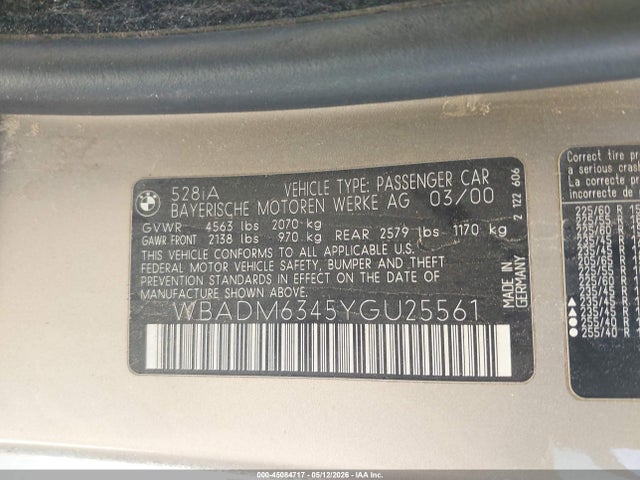 Aukcja sprzedaży 2000 Bmw 528ia, vin: WBADM6345YGU25561, numer aukcji: 45084717