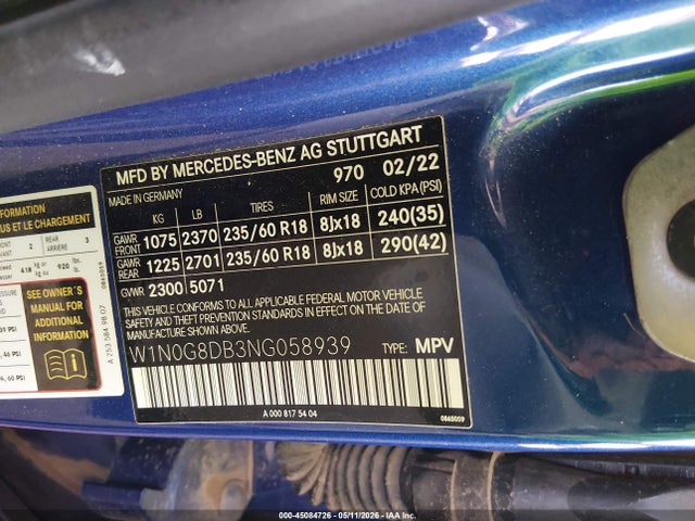 Продажа на аукционе авто 2022 Mercedes-benz Glc 300 Suv, vin: W1N0G8DB3NG058939, номер лота: 45084726