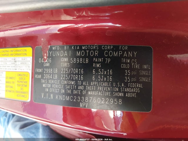 Продаж на аукціоні авто 2007 Hyundai Entourage Gls/limited/se, vin: KNDMC233876022958, номер лоту: 45084727