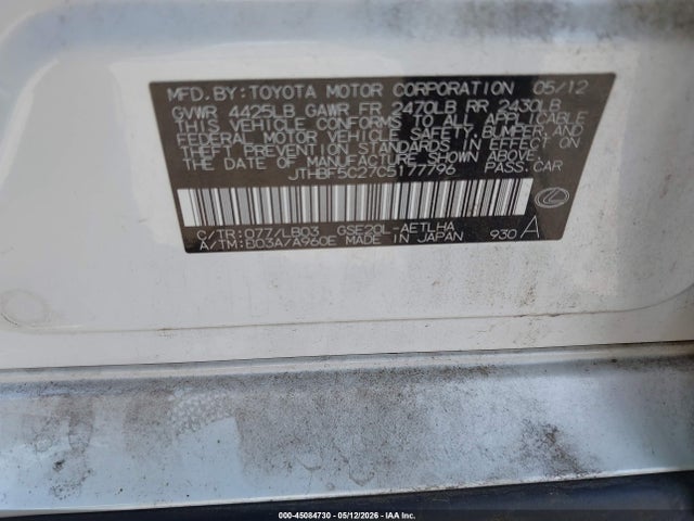 Aukcja sprzedaży 2012 Lexus Is 250, vin: JTHBF5C27C5177796, numer aukcji: 45084730