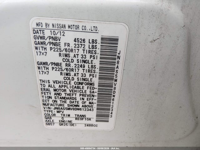 45084734 :رقم المزاد ، JN8AS5MV8DW612343 vin ، 2013 Nissan Rogue Sv مزاد بيع