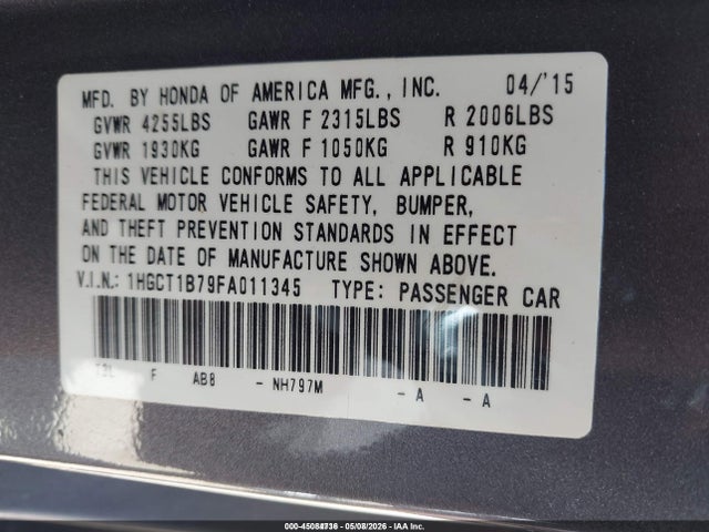 Продаж на аукціоні авто 2015 Honda Accord Ex, vin: 1HGCT1B79FA011345, номер лоту: 45084736