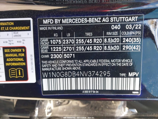 Продаж на аукціоні авто 2022 Mercedes-benz Glc 300 Suv, vin: W1N0G8DB4NV374295, номер лоту: 45084752