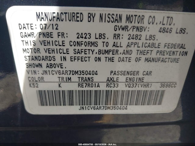 Aukcja sprzedaży 2013 Infiniti G37x, vin: JN1CV6AR7DM350404, numer aukcji: 45084758
