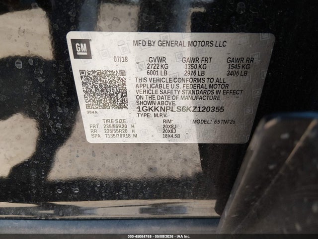 45084765 :رقم المزاد ، 1GKKNPLS6KZ120355 vin ، 2019 Gmc Acadia Denali مزاد بيع