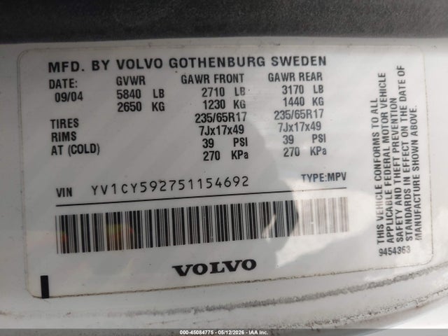 2005 Volvo Xc90 2.5t მანქანა იყიდება აუქციონზე, vin: YV1CY592751154692, აუქციონის ნომერი: 45084775