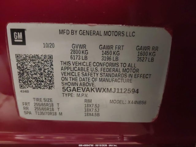 45084780 :رقم المزاد ، 5GAEVAKWXMJ112594 vin ، 2021 Buick Enclave Awd Essence مزاد بيع