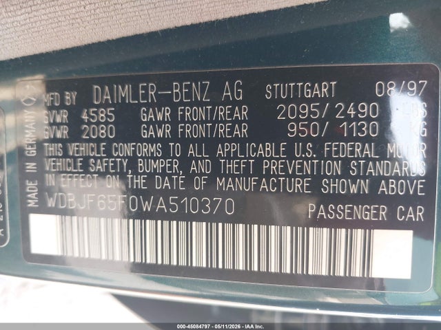 45084797 :رقم المزاد ، WDBJF65F0WA510370 vin ، 1998 Mercedes-benz E 320 مزاد بيع