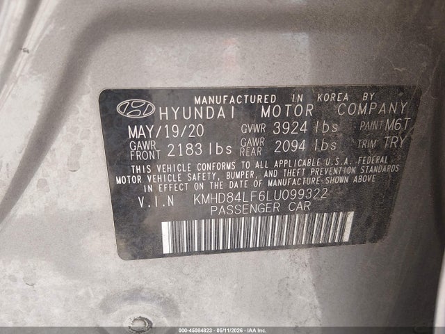 Продажа на аукционе авто 2020 Hyundai Elantra Sel, vin: KMHD84LF6LU099322, номер лота: 45084823