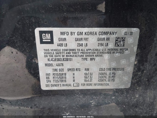 45084833 :رقم المزاد ، KL4CJESB2LB330151 vin ، 2020 Buick Encore Awd Preferred مزاد بيع
