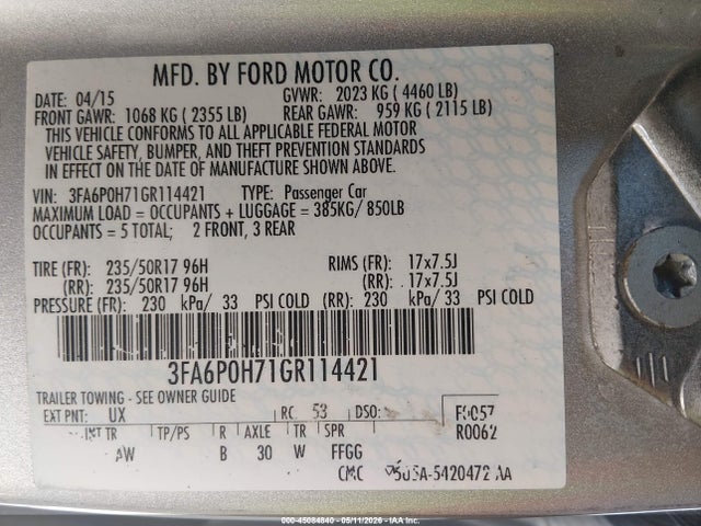 45084840 :رقم المزاد ، 3FA6P0H71GR114421 vin ، 2016 Ford Fusion Se مزاد بيع