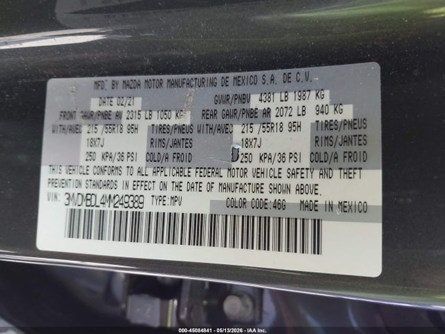 45084841 :رقم المزاد ، 3MVDMBDL4MM249389 vin ، 2021 Mazda Cx-30 Premium مزاد بيع