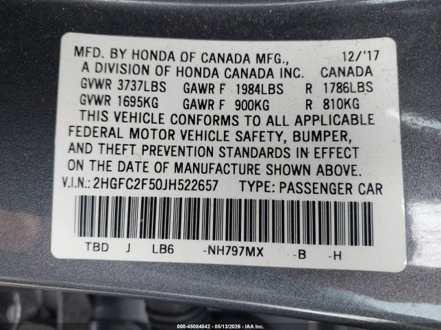 2018 Honda Civic Lx მანქანა იყიდება აუქციონზე, vin: 2HGFC2F50JH522657, აუქციონის ნომერი: 45084842
