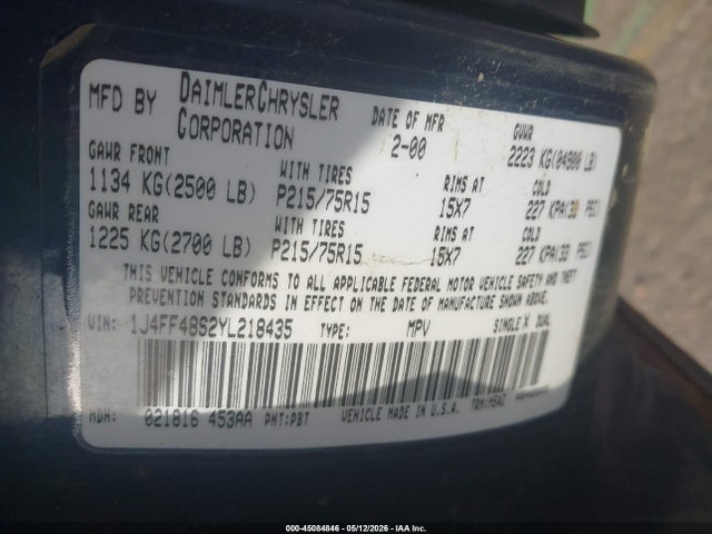 Продаж на аукціоні авто 2000 Jeep Cherokee Sport, vin: 1J4FF48S2YL218435, номер лоту: 45084846