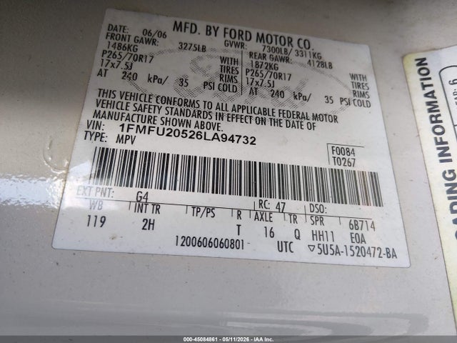 Продаж на аукціоні авто 2006 Ford Expedition Limited, vin: 1FMFU20526LA94732, номер лоту: 45084861