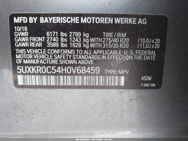 2017 Bmw X5 Xdrive35i მანქანა იყიდება აუქციონზე, vin: 5UXKR0C54H0V68459, აუქციონის ნომერი: 45084864