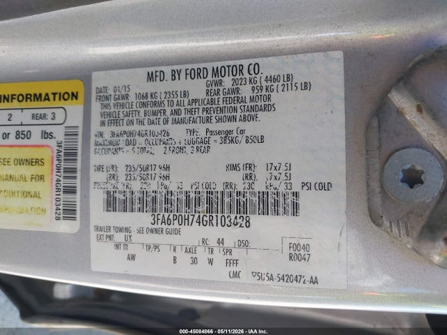 2016 Ford Fusion Se მანქანა იყიდება აუქციონზე, vin: 3FA6P0H74GR103428, აუქციონის ნომერი: 45084866